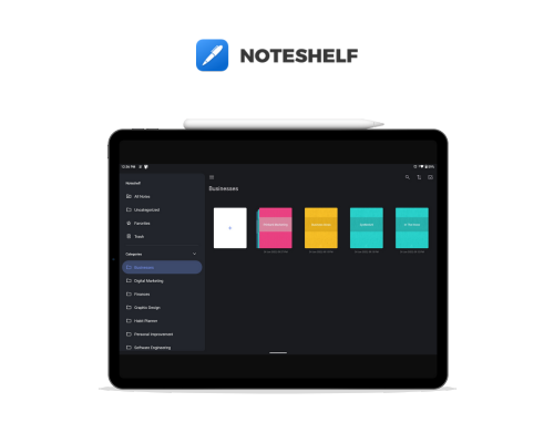 Mockup image of the Noteshelf app design displayed on a tablet.